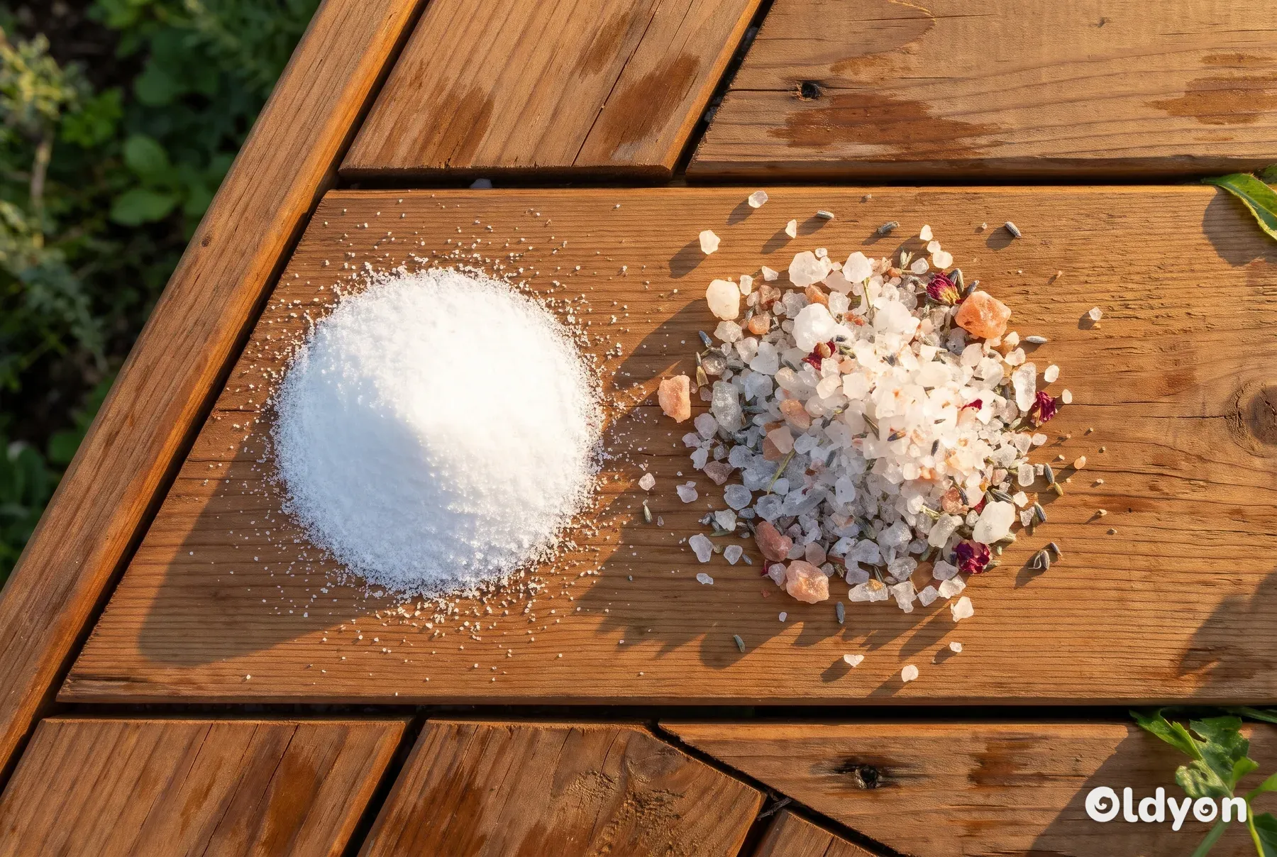 En pæn bunke fint hvidt salt ligger ved siden af en rodet bunke groft mineralsk badesalt.