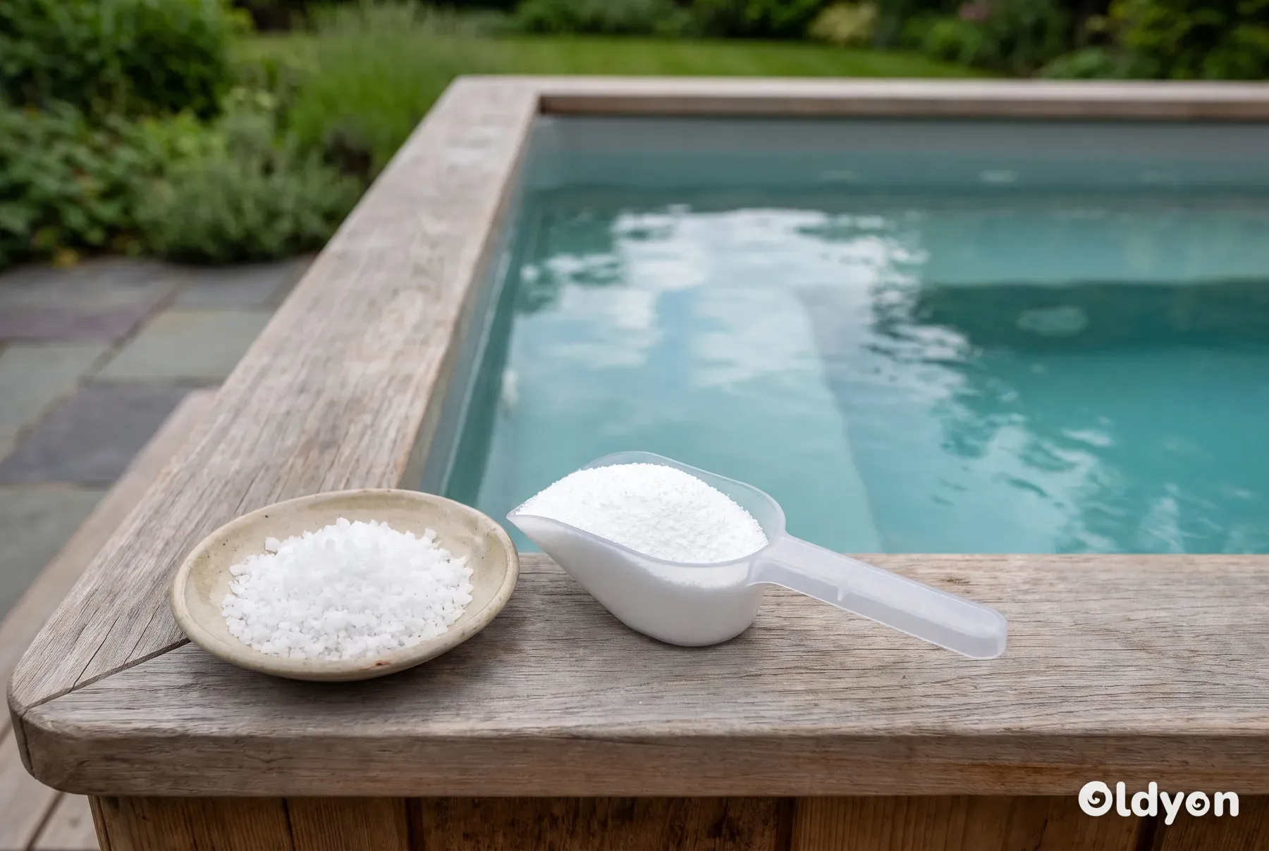 Een schaaltje grof zout en een schepje witte korrels liggen op de rand van een hottub.