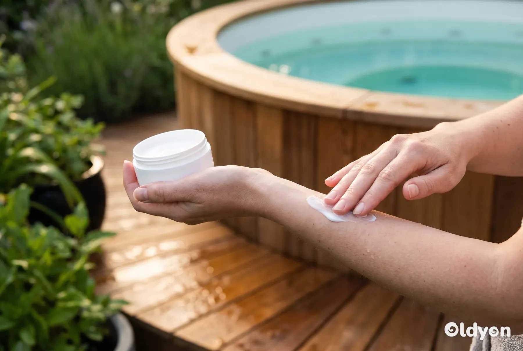 Een persoon brengt vochtinbrengende crème aan op de onderarm naast een houten hottub.