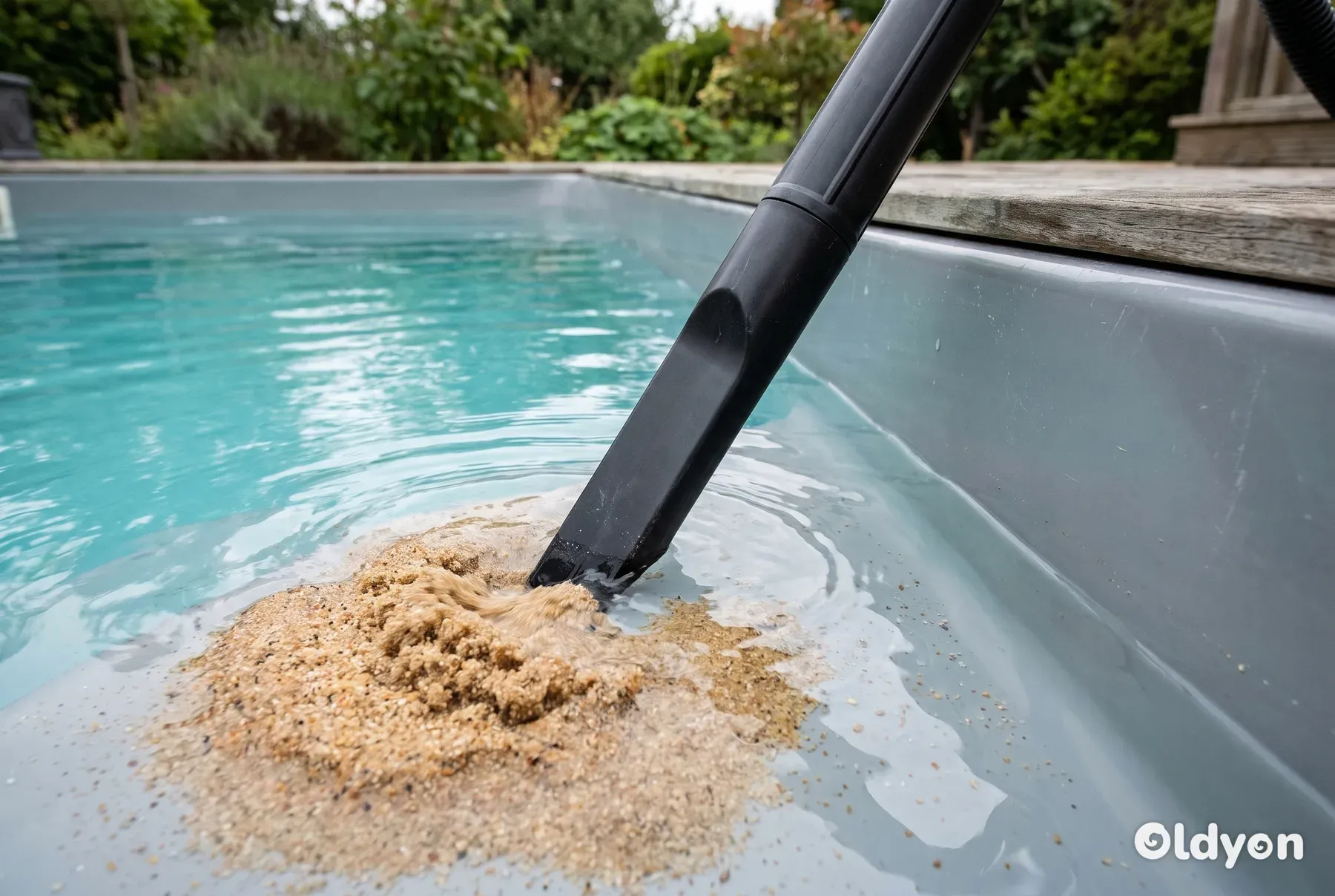 Et sort mundstykke fra en våd- og tørstøvsuger nedsænket i klart spabadsvand, der suger tungt sand op fra bunden.