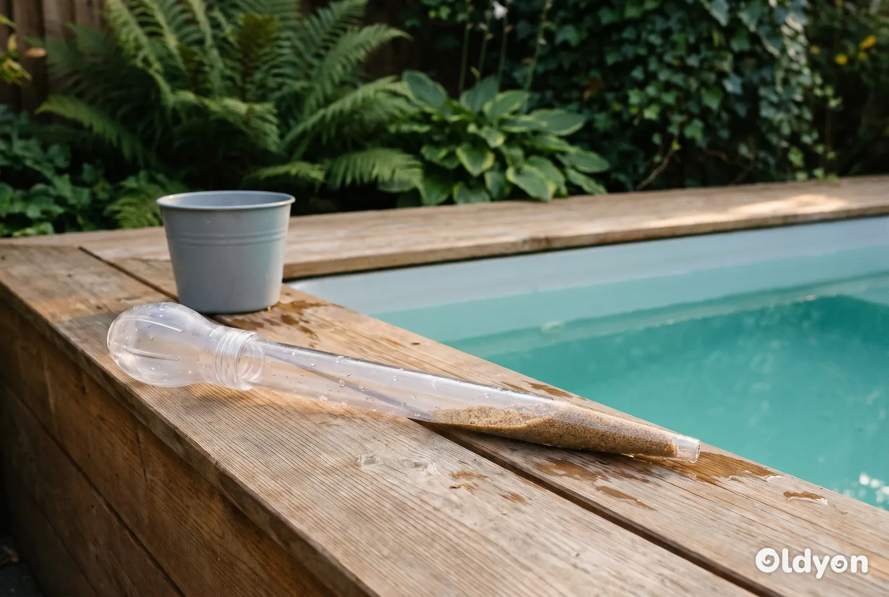 En gennemsigtig stegepipette af plastik, der indeholder vådt sand, ligger på en terrasse af cedertræ ved siden af det stille vand i spabadet.