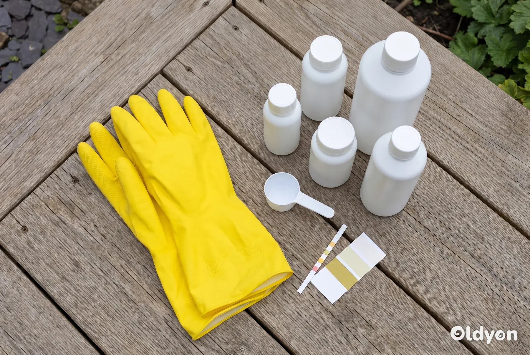 Et pænt flatlay på en træterrasse viser gummihandsker, neutrale flasker, en måleske og teststrips.