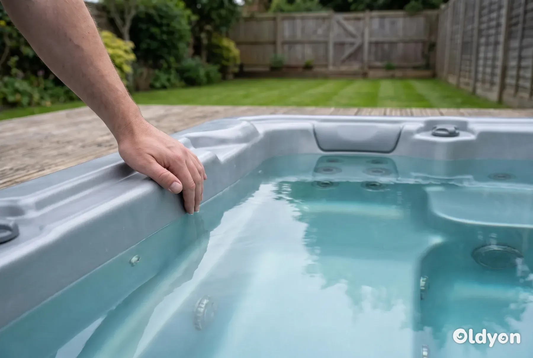 En hånd glider langs den rene, glatte vandlinje i et spabad fyldt med helt klart vand.