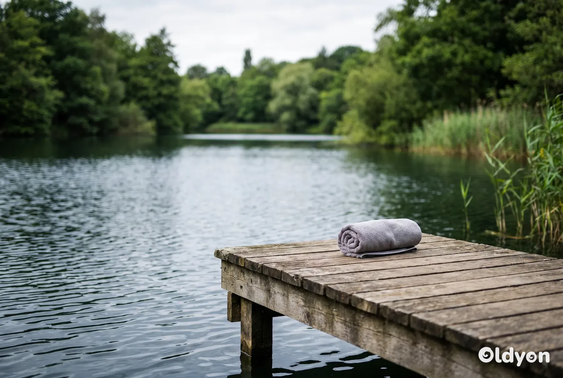En stille, naturlig britisk sø med en badebro af træ og et sammenrullet håndklæde, der venter for enden.