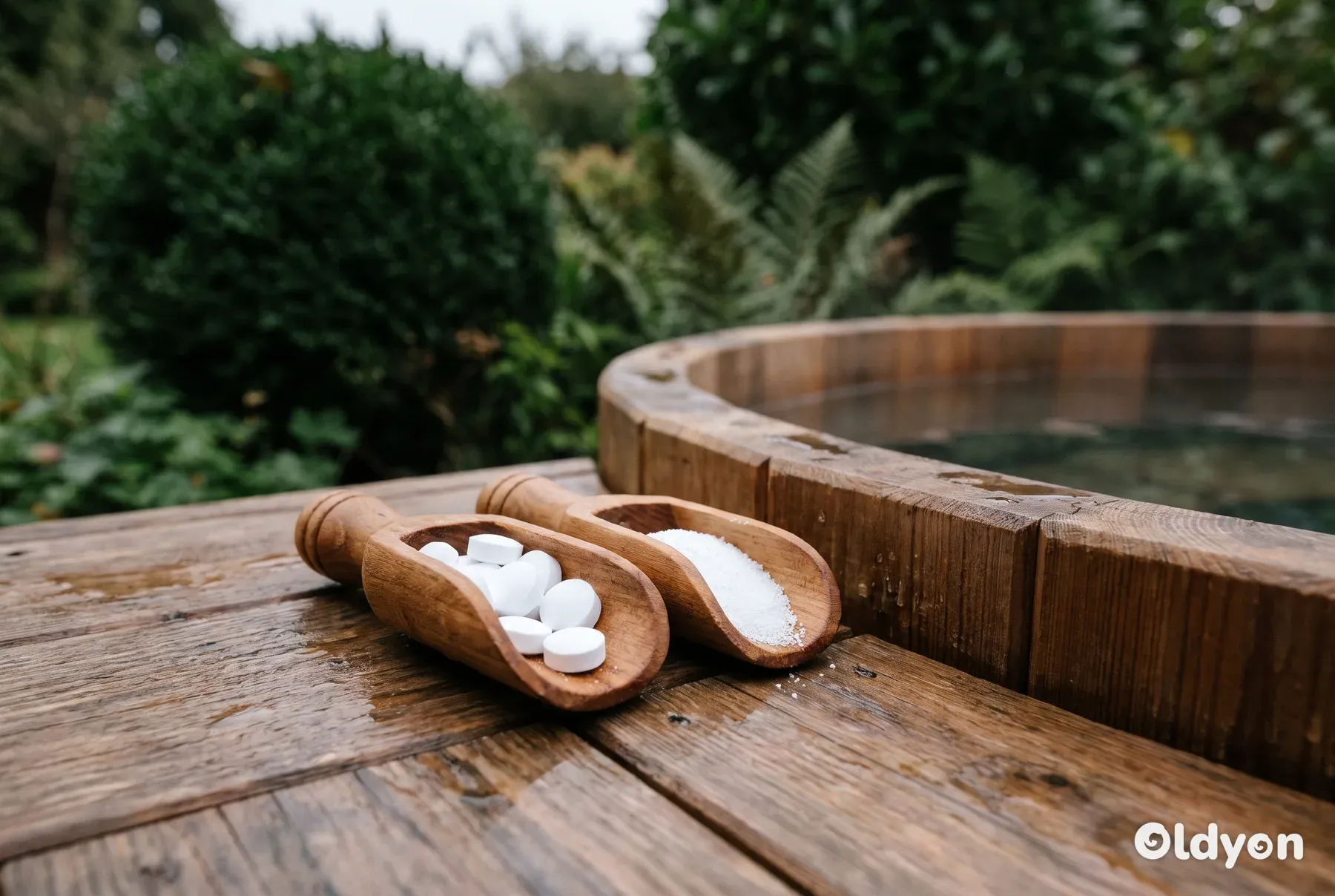 Twee eenvoudige houten schepjes met verschillende witte hottubchemicaliën liggen naast elkaar op een houten vlonder.