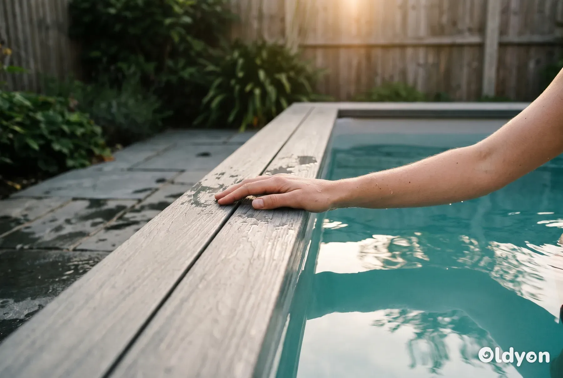 Een persoon laat een blote arm rusten op de rand van een hottub naast helder blauwgroen water.
