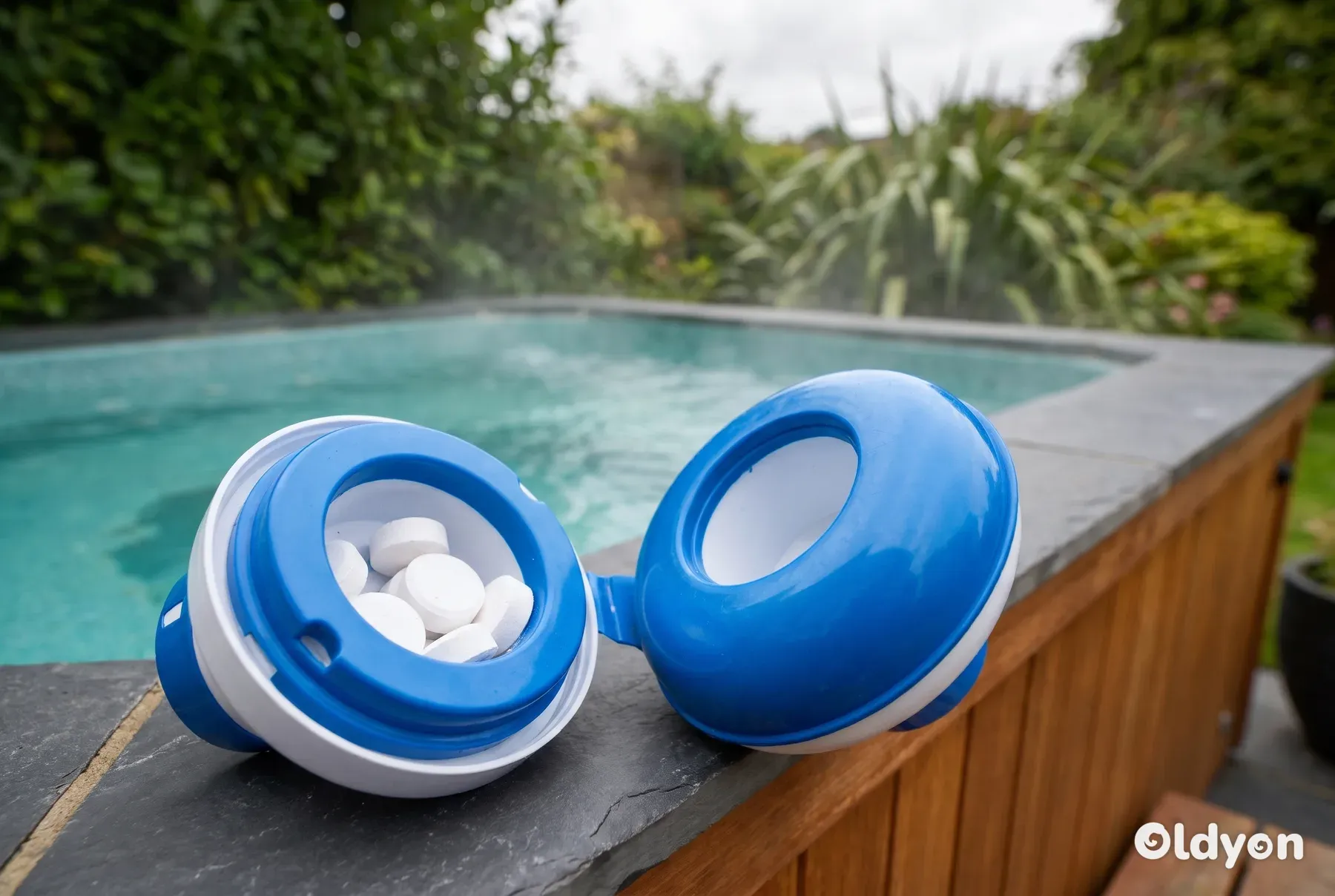 Kleine witte desinfectietabletten liggen in een open drijvende dispenser die op de rand van een hottub rust.