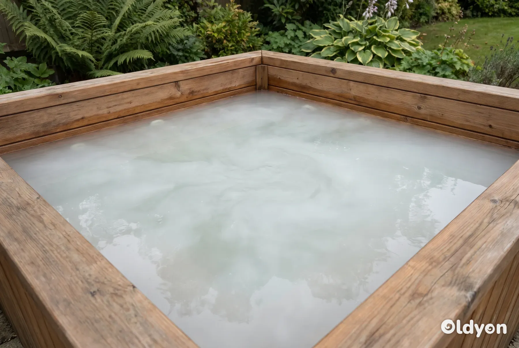 Troebel en melkachtig water vult een hottub, waardoor de zitplaatsen onder het wateroppervlak volledig aan het zicht onttrokken zijn.