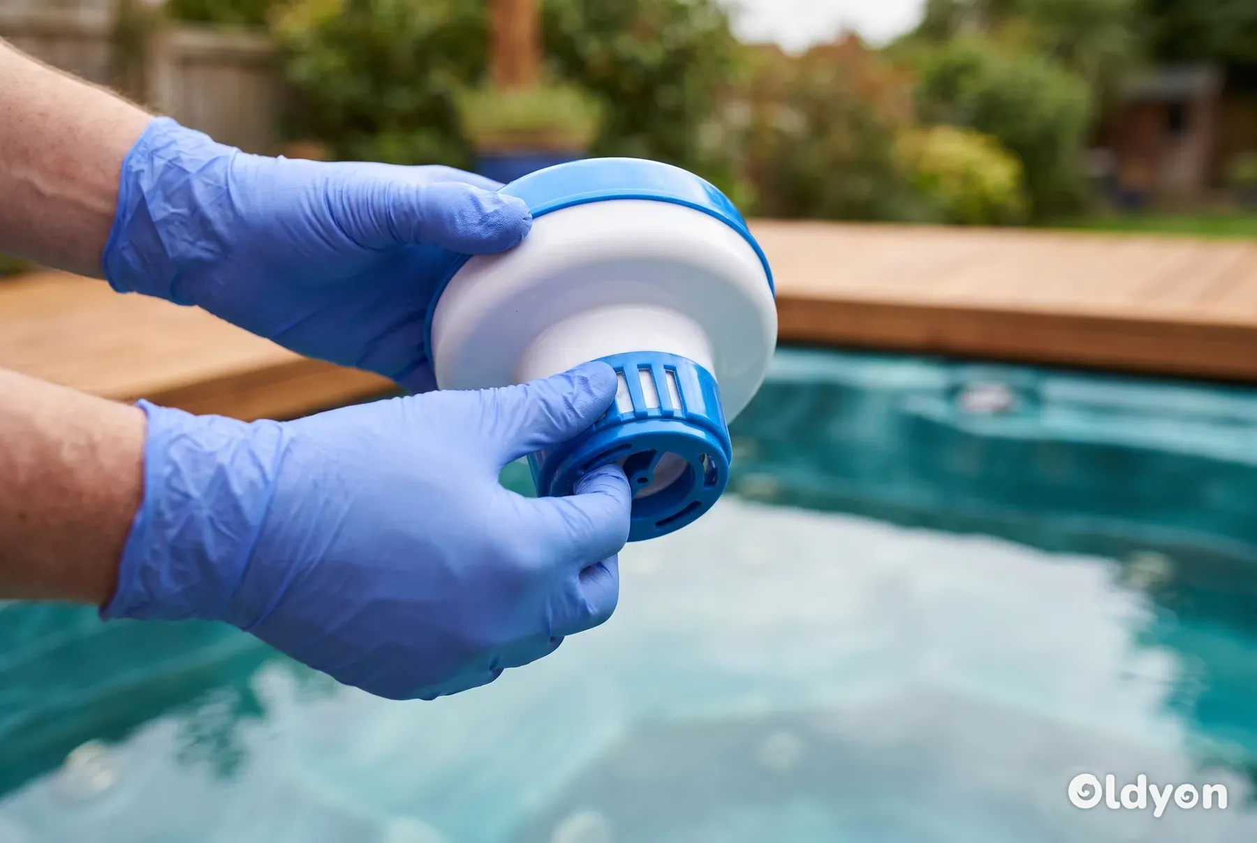 Handen met handschoenen verstellen de openingen van een drijvende chemicaliëndispenser om meer desinfectiemiddel in het water af te geven.