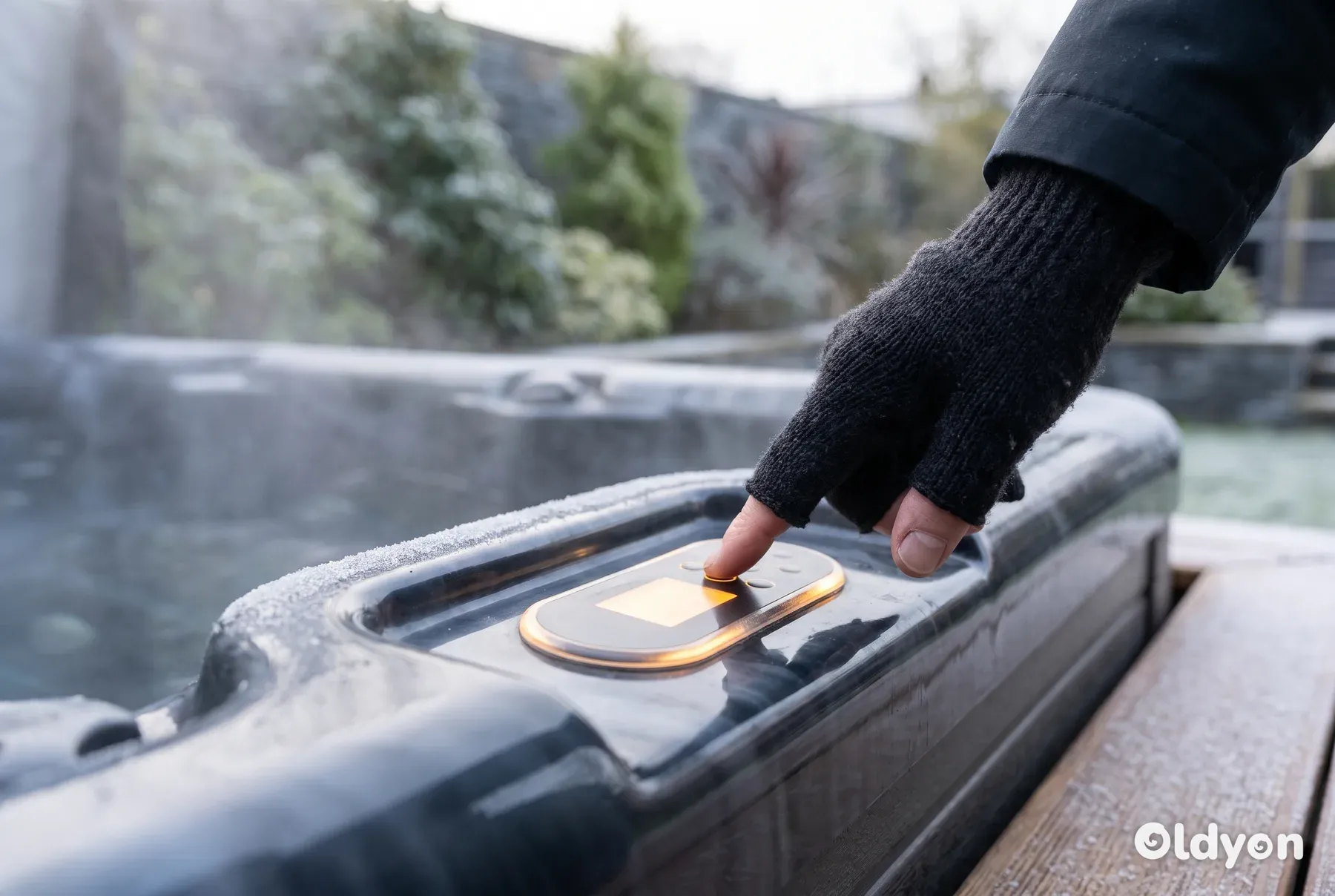 En hånd med handske trykker på en knap på et skarpt oplyst betjeningspanel til et spabad på en frostklar aften.