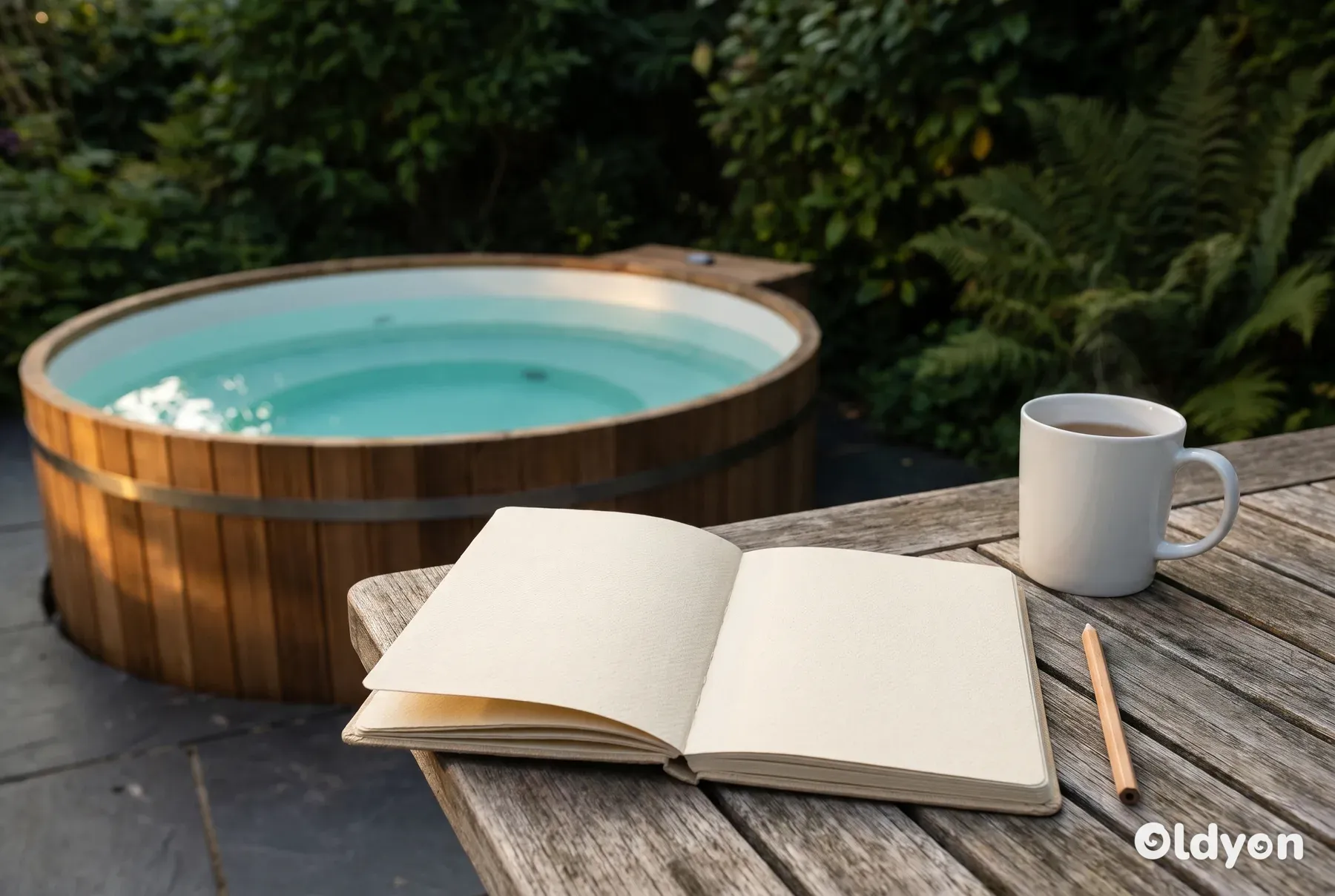 Un semplice quaderno aperto, una matita di legno e una tazza di tè sono appoggiati su un tavolo da giardino.