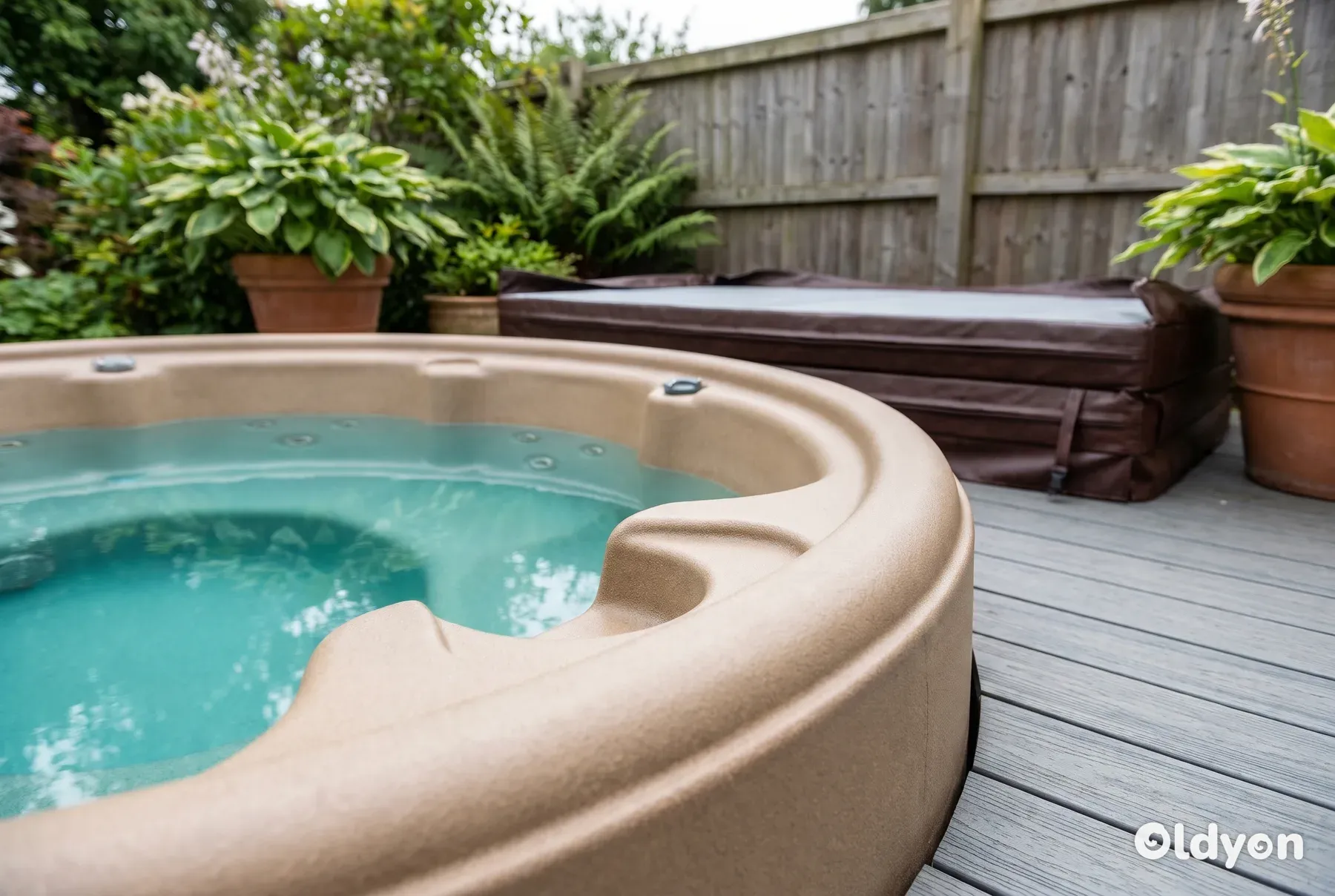 Una minipiscina stampata in rotazionale senza giunture color arenaria si trova su un decking in composito, circondata da piante frondose in vaso.