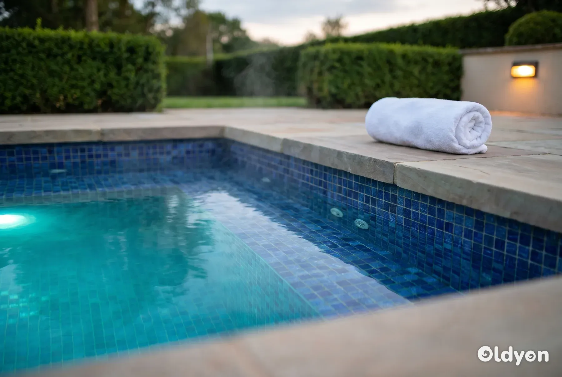 Una minipiscina interrata su misura, rivestita con tessere di mosaico blu, si trova a filo con un patio in pietra.