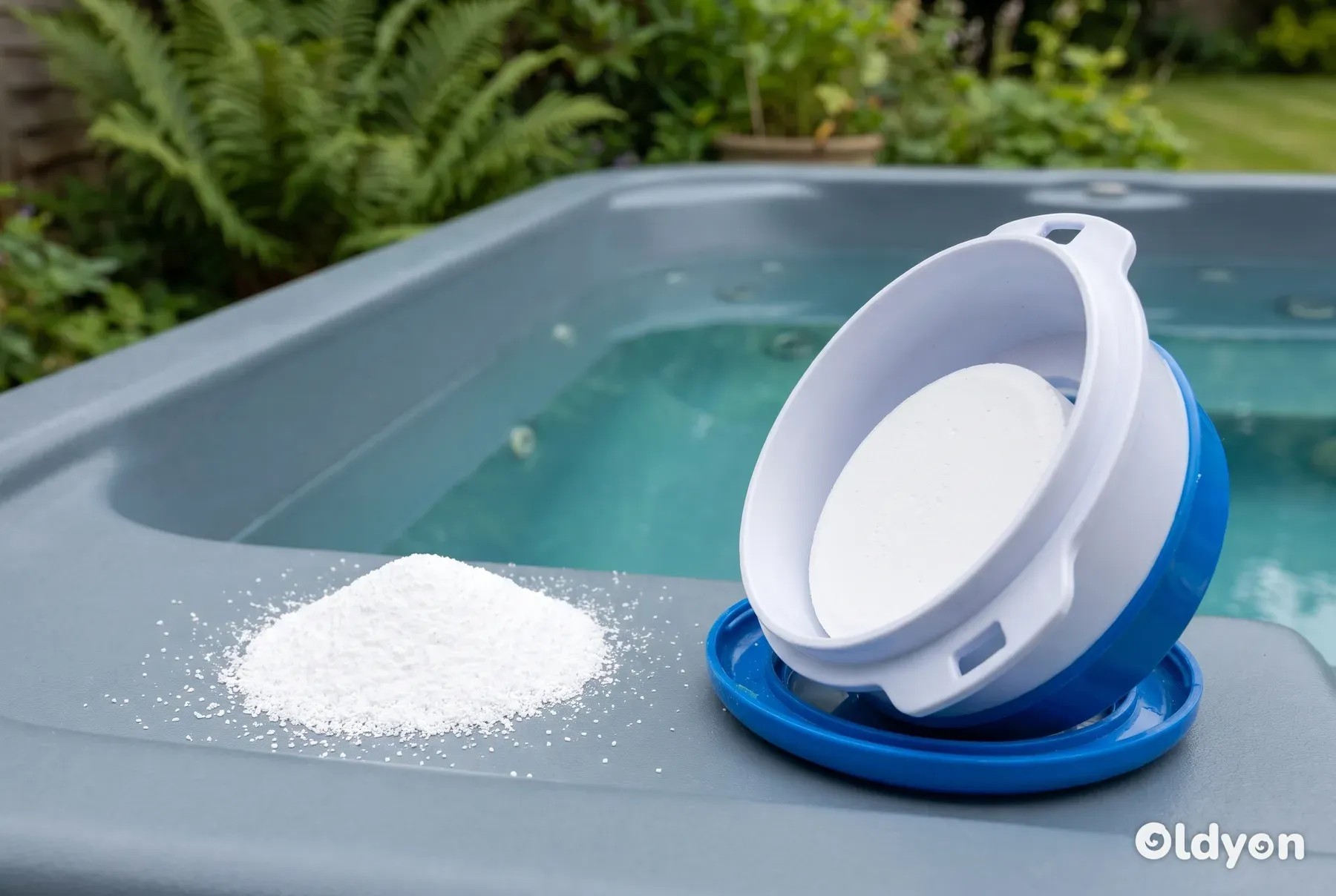En lille bunke hvidt klorgranulat ligger ved siden af en flydende dispenser, der indeholder en fast tablet.