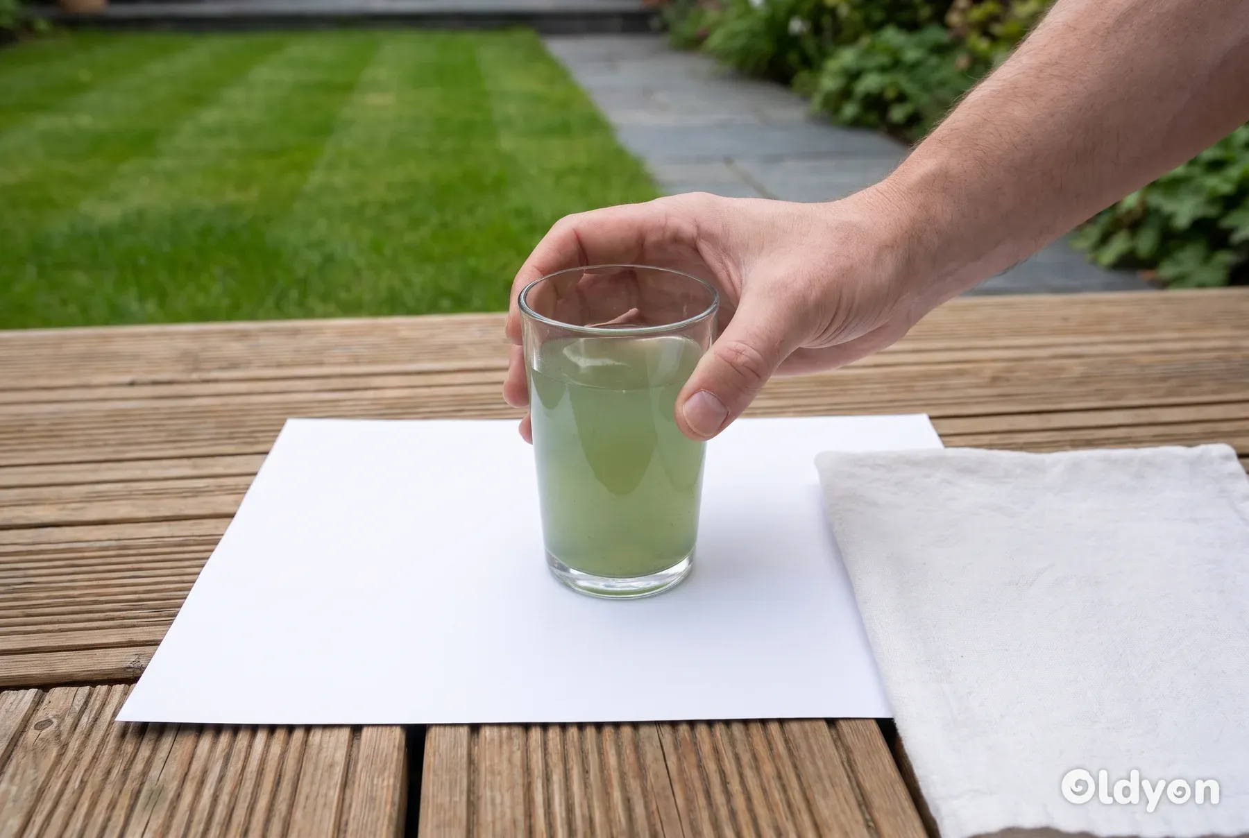 En hand som håller ett glas med grumligt grönt vatten mot en vit bakgrund för att kontrollera färgen.