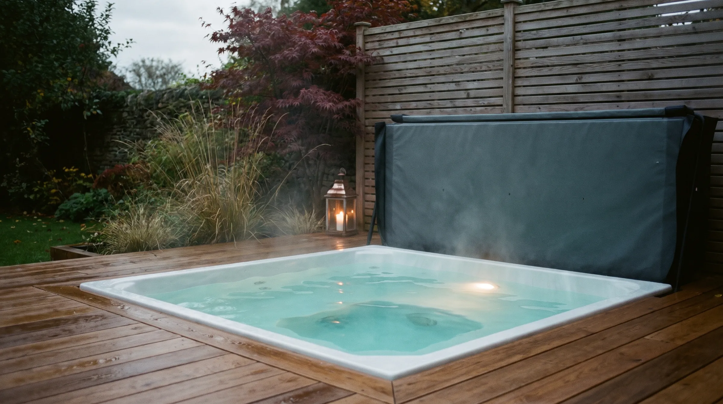 Un spa carré encastré dans une terrasse en cèdre au crépuscule, de la vapeur s'élevant près d'un érable du Japon et d'une lanterne allumée.